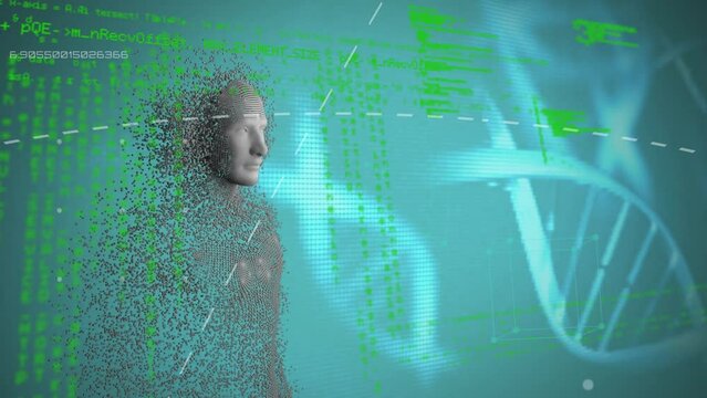 Animation of explosion of digital human, dna molecules, programming language over blue background