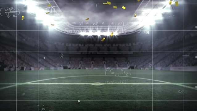 Animation of golden confetti falling over mathematical equations against sports stadium