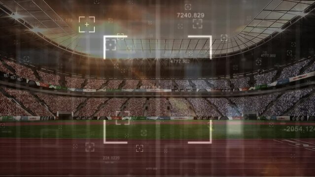 Animation of multiple changing numbers and scope scanning over sports stadium