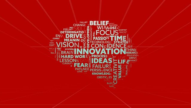 Animation of multiple business concept texts forming a human brain against red background