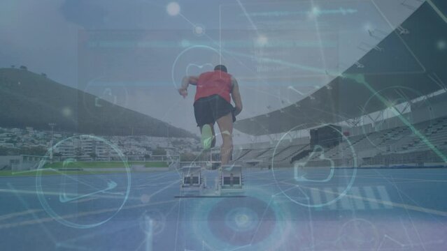 Animation of network of connections and data processing over caucasian man running