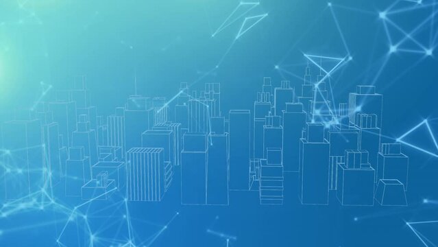 Animation of network of connections over digital city on blue background