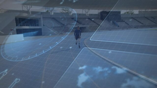 Animation of data processing over disabled african american man running