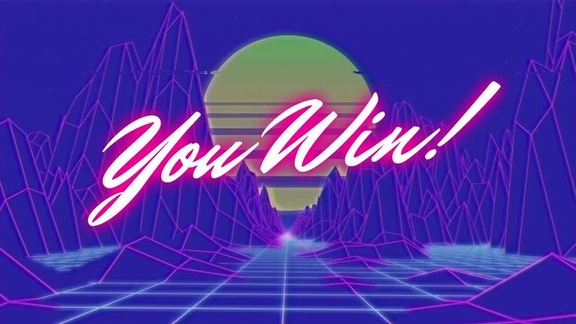 Animation of you win text over digital mountains and sun
