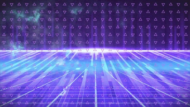 Animation of triangles over light trails on purple background