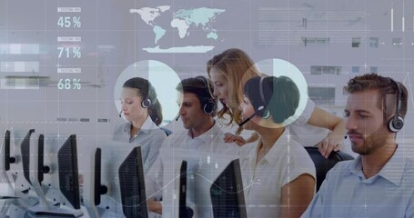 Animation of financial graphs and data over diverse female and male call center workers - Powered by Adobe