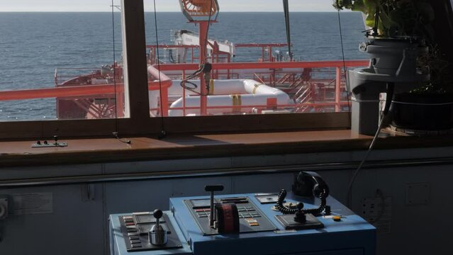 Control panel on navigation bridge of LNG tanker vessel