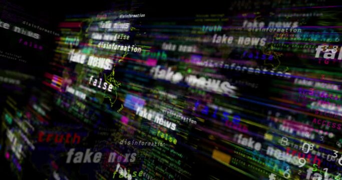 Fake news media and abstract screen 3d seamless looped. Fly between glitch and noise text concept of propaganda, false information and disinformation.