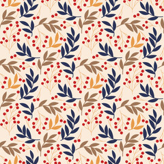 floral seamless pattern with berries and leaves