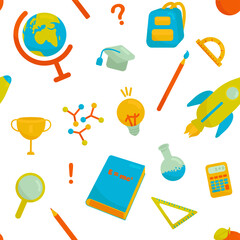 Vector Seamless Pattern With School Equipment. Perfect for Wrapping Paper, Textile, Packing, Wallpaper, etc.