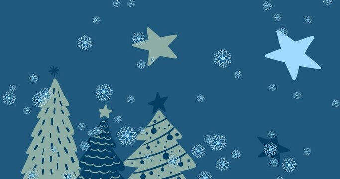Animation of snow falling over christmas trees and stars on blue background