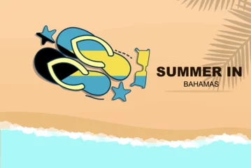 Foto op Plexiglas Bahamas summer holiday vector banner, beach vacation, flip flops sunglasses starfish on sand, copy space area © Hakan