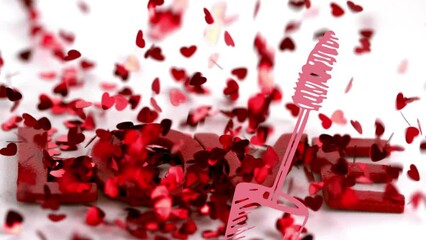 Animation of mascara icon over love text and hearts falling - Powered by Adobe