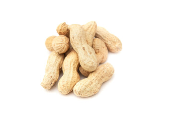 Organic peanuts in shell isolated on white background. Heap of peanut closeup