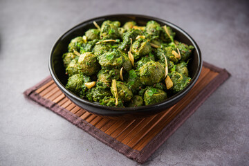 Soya Chunks Palak curry also known as Spinach Soyabean chunks sabzi or sabji, Healthy Indian food