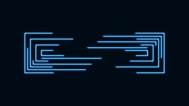 Neon blue animated background frame for logos, icons. Moving loading symbol. Texture of glow stripes. LED strip. Game maze. Light rays. Screensaver for websites, social networks, business. 4k