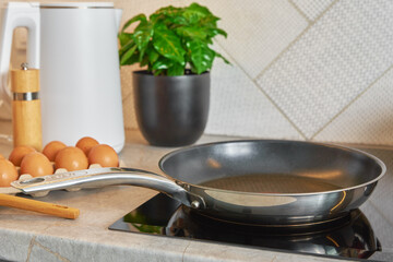 Modern kitchen appliance, Induction stove with steel frying pan