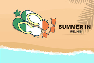 Ireland summer holiday vector banner, beach vacation, flip flops sunglasses starfish on sand, copy space area