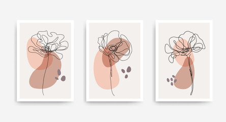 Home decor print wall art vector set. Wall decor with flowers in boho style. Botanical abstract terracotta wall art set design for prints, wallpaper, posters. Minimal Mid Century Modern style vector