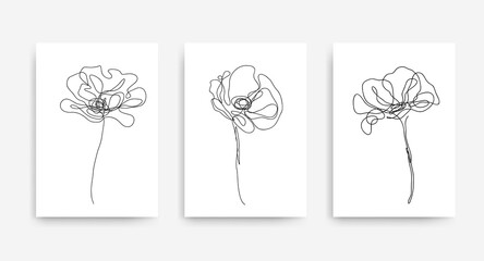 Home decor wall art print vector set. Wall decor with line art flowers in boho style. Abstract wall art set design for prints, wallpaper, posters. Minimal Mid Century Modern style vector