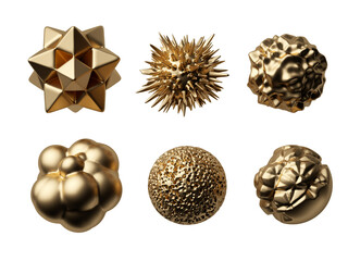 3d rendering. Different geometric golden shapes collection. Modern minimal metal objects. Icons set isolated on transparent background