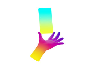 3d render virtual hand holds smart phone device. Neon gradient objects isolated on dark background. Touchscreen technology or mobile gaming concept. Transparent background