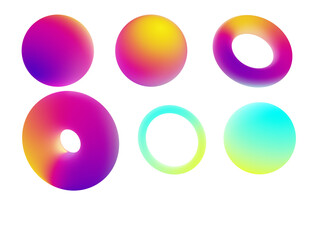 3d render, assorted abstract neon geometric shapes, colorful rings and balls, isolated on transparent background.