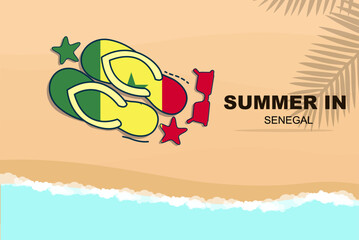 Senegal summer holiday vector banner, beach vacation, flip flops sunglasses starfish on sand, copy space area