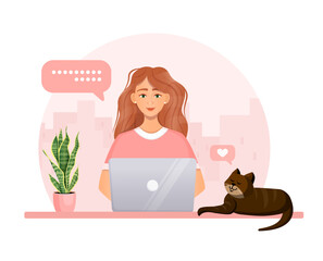 Woman works at the computer. Remote work, freelance, home office, programming, education. Communication on the Internet, online meetings. Vector illustration.