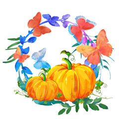 Pumpkins with flowers, plants. Botanical watercolour illustration, Halloween clipart.