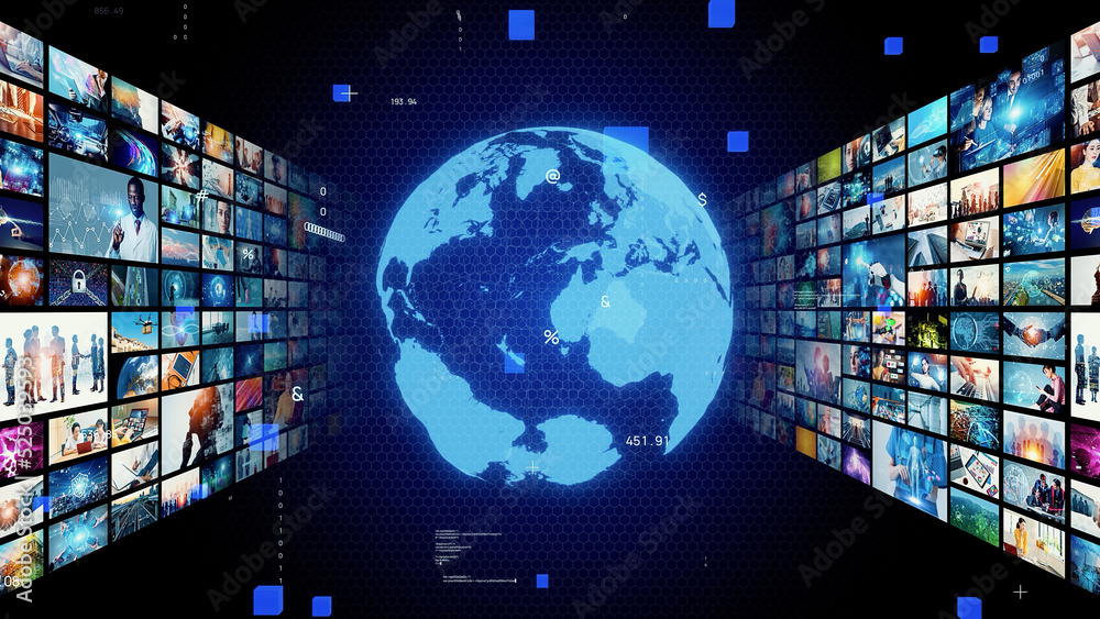 Poster Visual contents concept. Broadcasting. Streaming video. communication network.