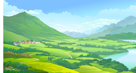 Picturesque landscape of a beautiful town in the middle of large amazing meadows, mountains and trees.