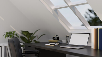 Modern contemporary home working space in home attic room interior design with laptop mockup