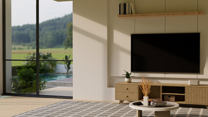 Fototapeta na wymiar Comfortable modern home living room interior with TV screen on the white wall, wood TV cabinet