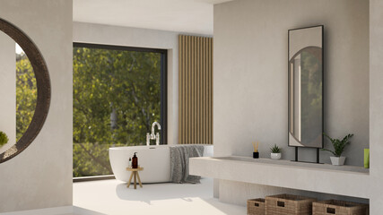 Modern loft home bathroom with luxury bathtub, loft sink, mirror, large glass window wall