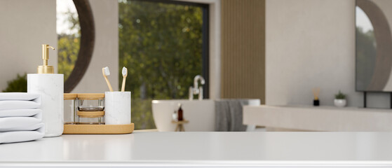 Luxury white tabletop with bathroom products and copy space over blurred bathroom background