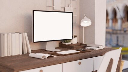 Cozy minimal home office workplace with PC computer mockup on modern classic wood table