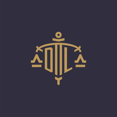 Monogram DL logo for legal firm with geometric scale and sword style - obrazy, fototapety, plakaty