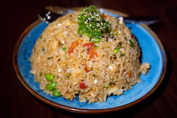 Rice with seafood served in a luxury restaurant in Charlotte NC in a skyscraper on the 22nd floor.