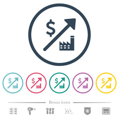 Rising power plant dollar prices flat color icons in round outlines