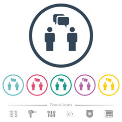 Two talking persons with rounded square bubbles solid flat color icons in round outlines