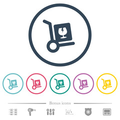 Fragile parcel delivery solid flat color icons in round outlines