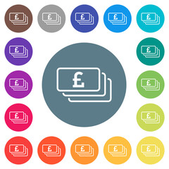 English Pound banknotes outline flat white icons on round color backgrounds