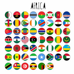 Set of vector illustrations of flat round shaped flags of african countries. Complete collection of 54 national flag button icons on the African continent.