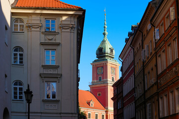 Obraz premium Colourful buildings in the center of Warsaw city. Warsaw Old Town. Traditional architecture in Warsaw, Poland