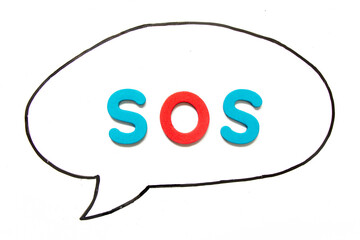 Alphabet letter with word SOS (abbreviation of save our soul/ship or sibling over shoulder) in black line hand drawing as bubble speech on white board background