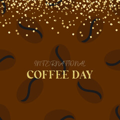 International Coffee Day text golden texture on brown background with coffee grain illustration