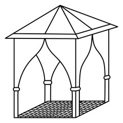 Gazebo for outdoor recreation. Sketch. Tent with roof and curtains. Vector illustration. Outline on isolated background. Coloring. Doodle style. Idea for web design.