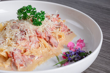 Spaghetti Carbonara pasta. Classic homemade with pancetta, egg, parmesan cheese, and cream sauce. Traditional Italian cuisine