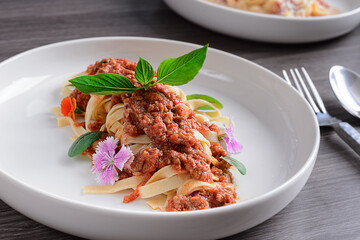 Pasta bolognese.Spaghetti Tomato and basil  Italian food Traditional dish of thyme